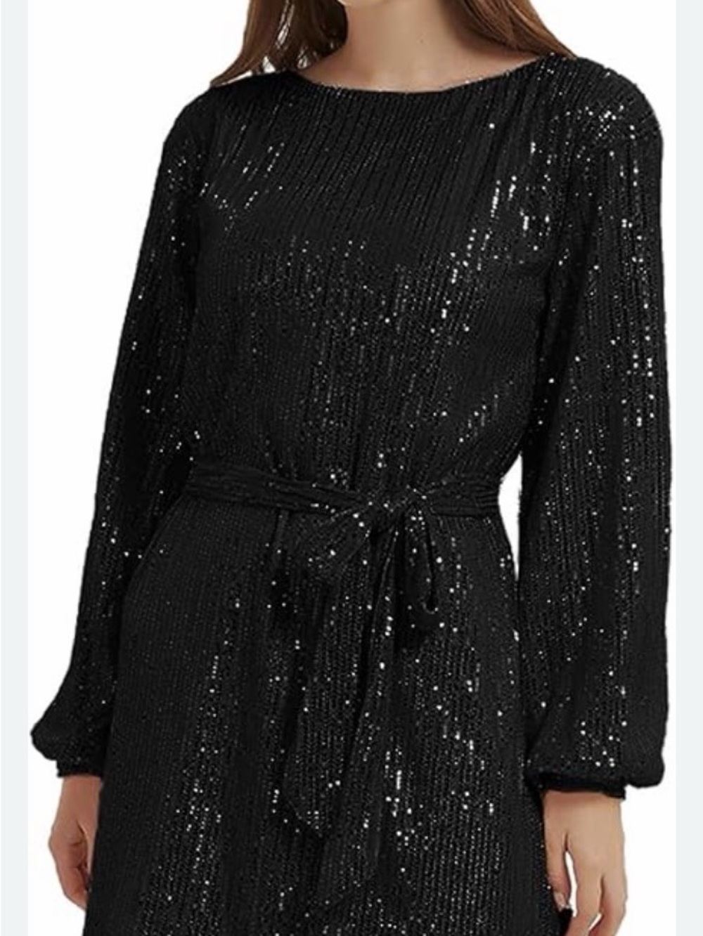 Black Sequin Long Sleeve Belted Dress